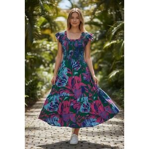 SUGARLIPS Womens Midi Dress Smocked Bodice Floral Print Ruffle Sleeve Size Large